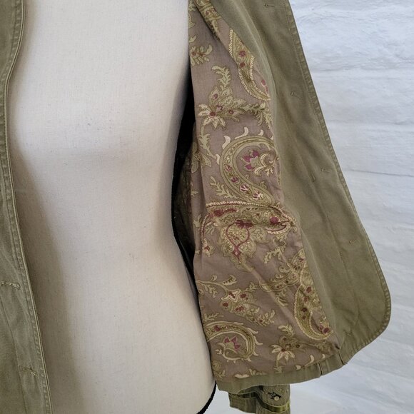 Womens Jacket Blazer Coat Small Army Green Boho Beaded Button Cotton Utility - Picture 9 of 9